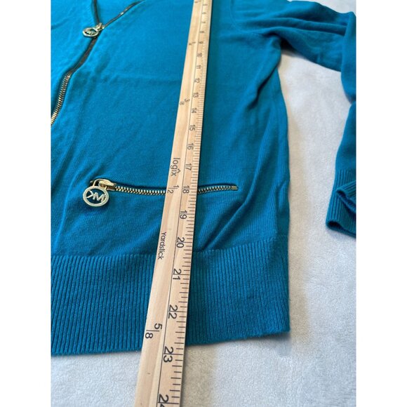 Michael Michael Kors Teal Zip-Up Cardigan With Gold Accents & Pockets M Classic - Picture 4 of 10
